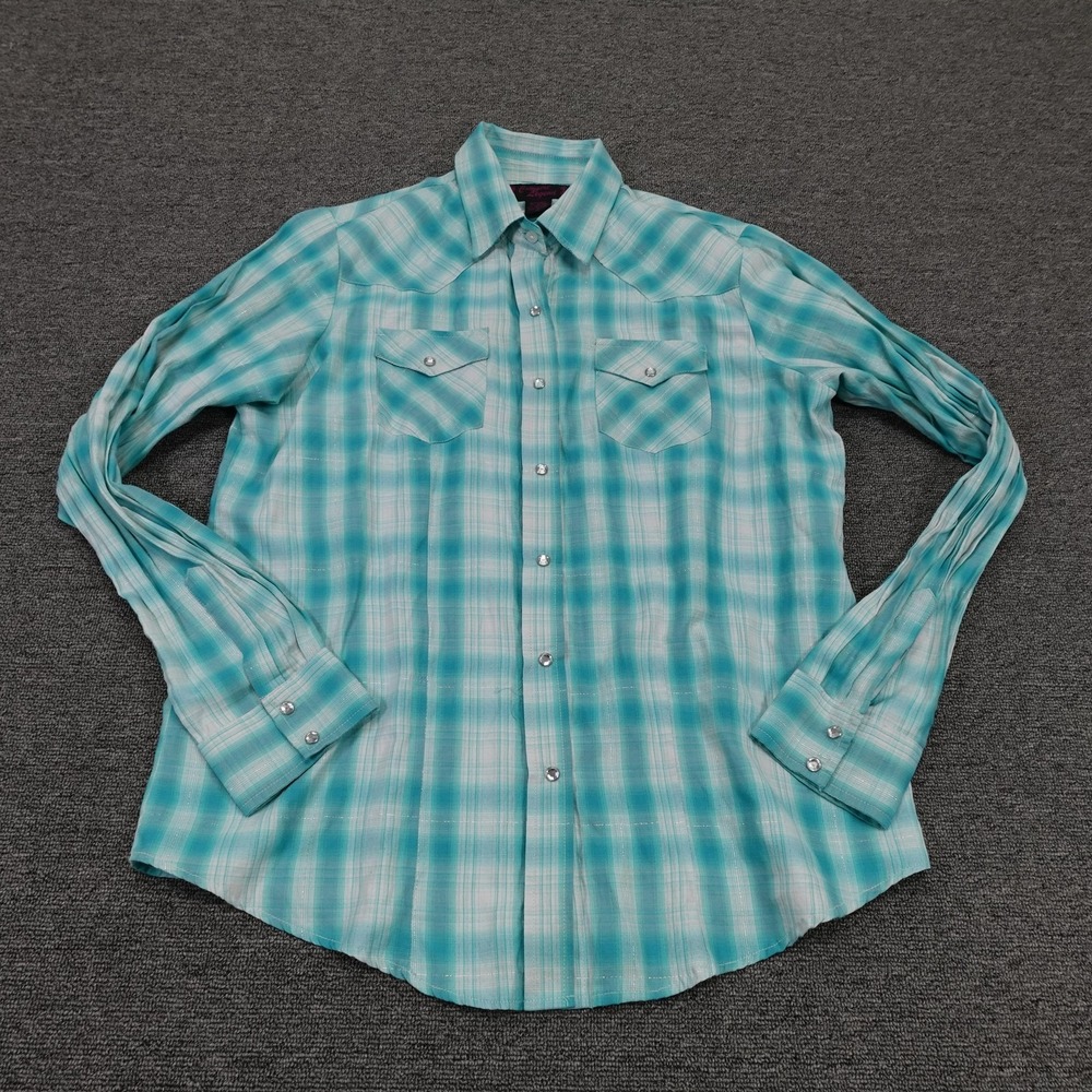 Cowgirl Legend Shirt Womens XL Blue Plaid Western Pearl Snap Long Sleeve Top